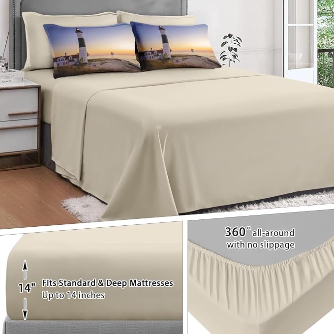 7Pcs Comforter Set King Size, Coastal Lighthouse Michigan Beach Lake, Bed Decor Sea Ocean House Sunset Seascape Bedroom Bedding Set Flat Sheet Fitted Sheet Pillowcases for Kids and Adults