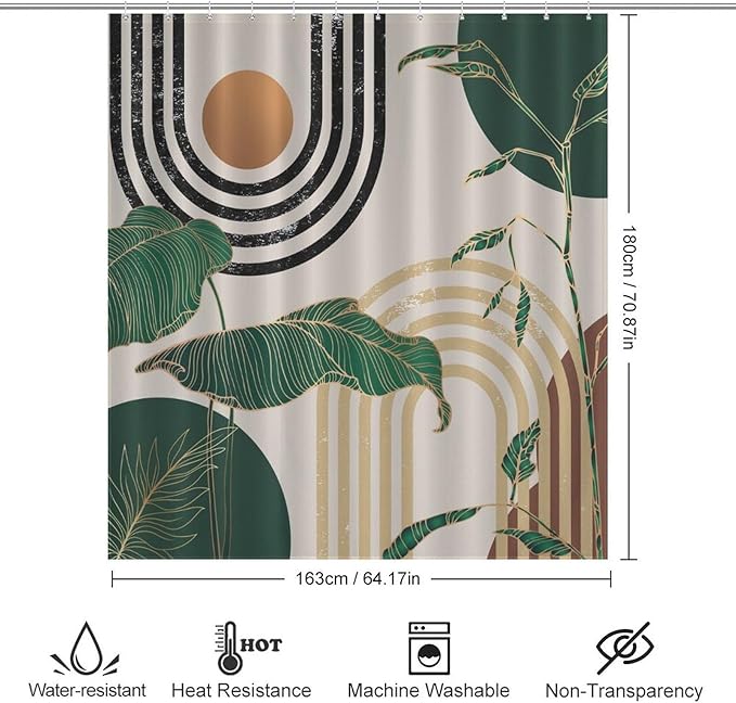 Green Boho Shower Curtain,Retro Abstract Mid Century Minimalist Tropical Modern Bathroom Curtain Polyester Waterproof Fabric Decor 66x72in（168x183cm）