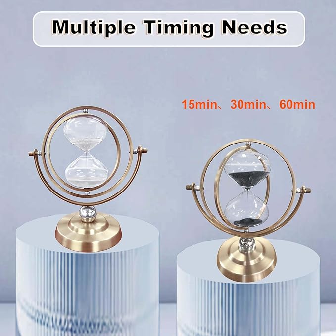 Brass 60 Minute Hourglass, 720° Rotating Vintage Metal Sand Timer, Large Black Sand Watch 60 Min, Unique 1 Hour Glass SandClock for Gifts, Wedding, Home, Desk, Decoration （Black