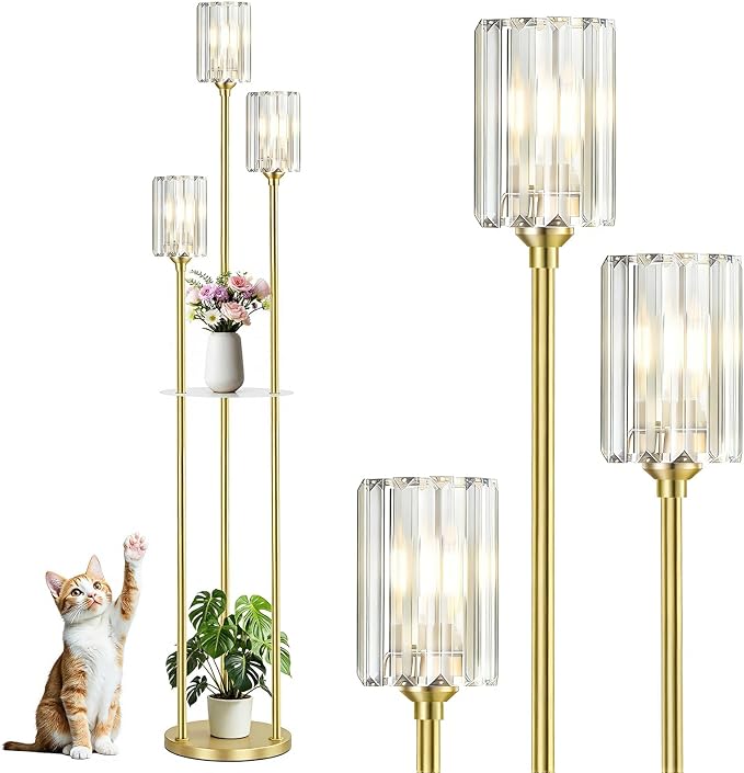 Crystal Floor Lamps for Living Room, Glass Modern Floor Lamp with Shelves, Mid Century Standing Lamps with Table, Brass Tall Lamp with Crystal Shade Vintage Retro Corner Floor Lamp (K9 Crystal Gold)