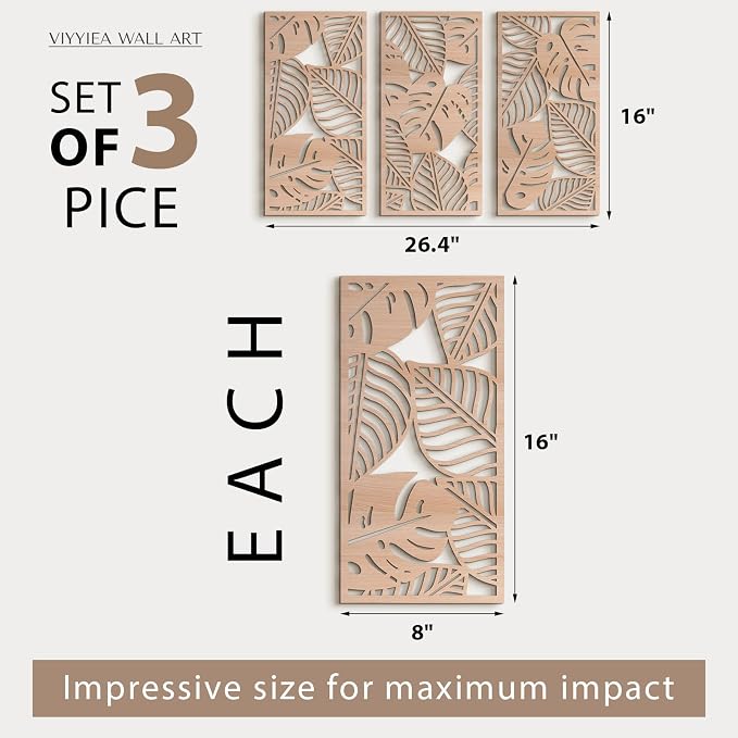 VIYYIEA Boho Solid Wood Carved Wall Art Set of 3, Geometric Minimalist Wooden Home Decor Panels, Handcrafted Solid Wood Wall Hanging for Living Room Bedroom Hallway, 16 x 8 Inch Each (Leaves Oak)