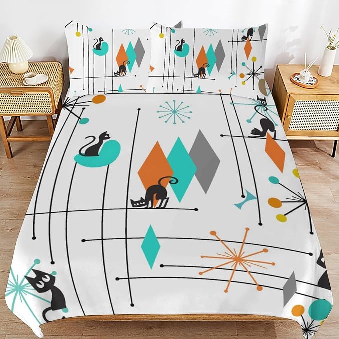 Mid Century Duvet Cover Sets Vintage Black Cat Modern Style Printed Lightweight Soft Quilt Cover Abstract Geometric Minimalist Soft Microfiber 3 Piece (1 Duvet Cover 68x86in + 2 Pillow Sham 20x30in)