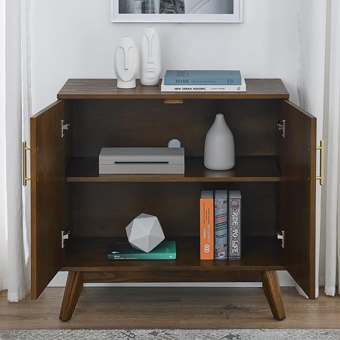 LKTART Sideboard Buffet,Mid Century Modern Storage Cabinet with Doors and Shelves, Boho Style Wooden Buffet Cabinet for Living Room,Walnut