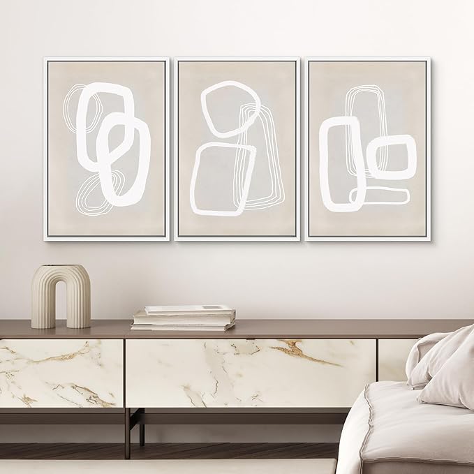 SIGNWIN Framed Canvas Print Wall Art Set Mid-Century Geometric Polygon Variety Abstract Shapes Cozy Neutral Decorative Contemporary Minimal for Living Room, Bedroom, Office - 24"x36"x3 White