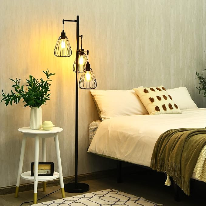 Tangkula Industrial Floor Lamp, 3-Light Tall Tree Lamp with 3 Hanging Lampshades, Freestanding Teardrop Cage Floor Light with Lamp Holder, Bulb, Foot Switch for Hallway, Living Room, Bedroom