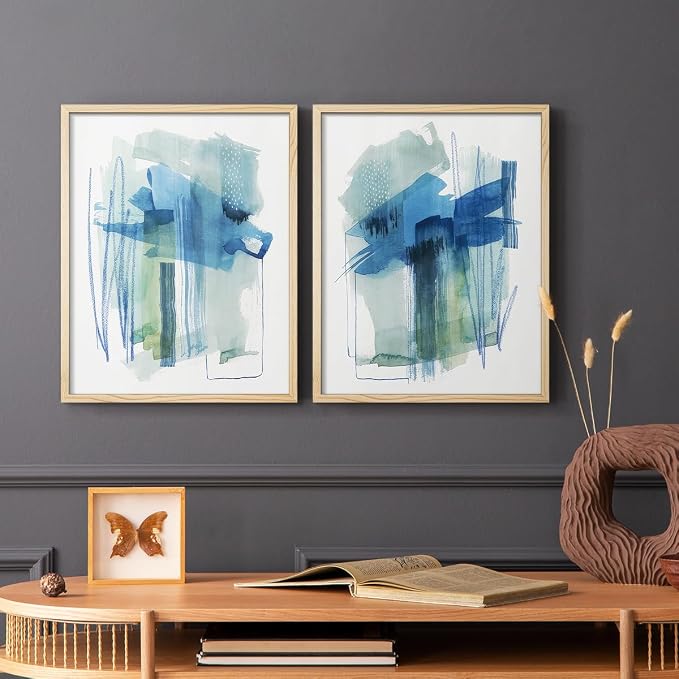 Renditions Gallery Set of 2 Peel & Stick Framed Prints, Modern Abstract Wall Art, Blue and Neutral Bold Brushstrokes Wall Decor, Re-Stickable - Ready to Hang - 8"x10" - NATURAL WOOD Frame LT588