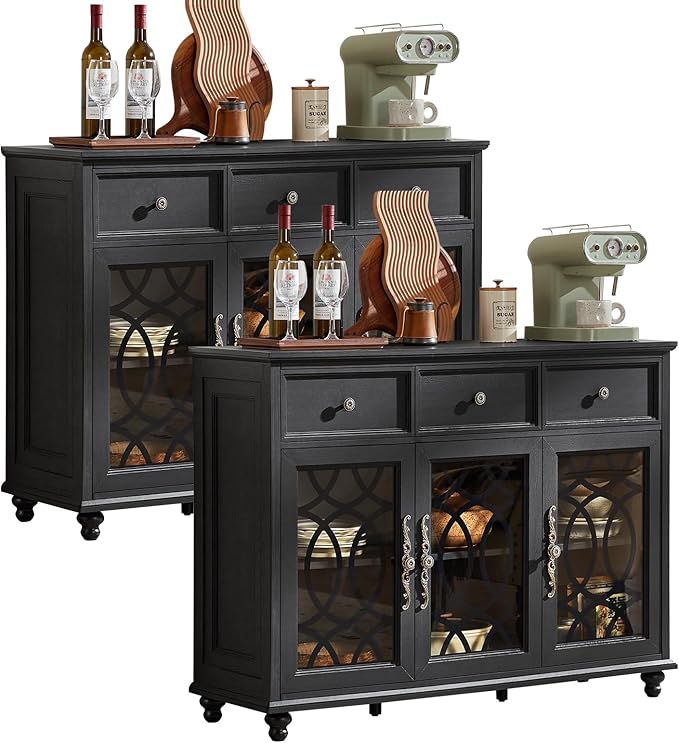 Large Sideboard Buffet Cabinet Set of 2 with Storage,48" Credenza with 3 Glass Doors & 3 Drawers,Adjustable Shelves Coffee Bar,Wood Kitchen Console Table for Dining Room,Black