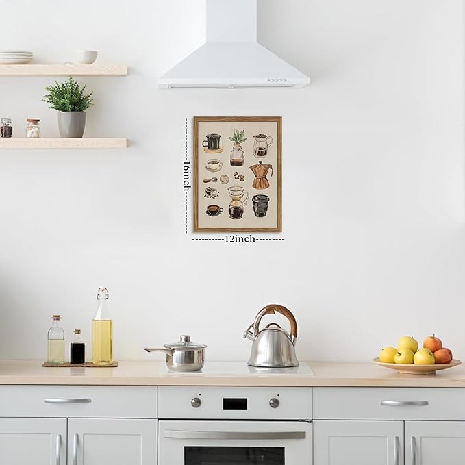 Framed Vintage Coffee Canvas Wall Art, Funky Espresso Coffee Tools Poster Prints, Modern Farmhouse Aesthetic Painting, Retro Kitchen Cafe Living Room Wall Decor for Coffee Lovers 12x16in