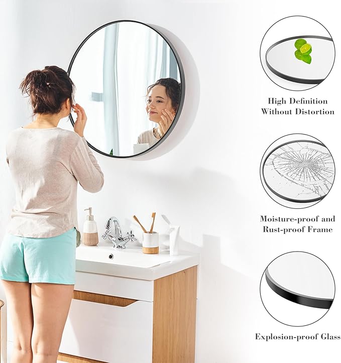 Sweetcrispy 28 Inch Round Wall Mirror with Tempered Glass, Bathroom Mirror Over Sink, Anti-Fog & Waterproof Round Mirrors for Bathroom, Entryway, Bedroom, Shatterproof Design, Black