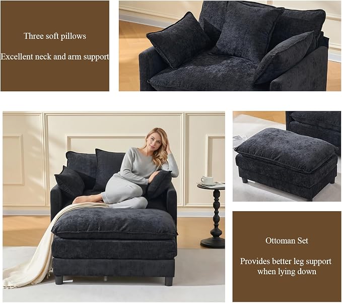Oversized Accent Chair with Ottoman, Chenille Cloud Single Sofa Upholstered Double-Layer Seat Lounge Armchair with Pillows for Living Room Reading Apartment, Black