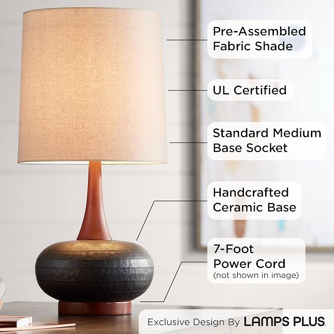 360 Lighting Andi Mid Century Modern Table Lamp 24.5" High Hammered Bronze Ceramic Wood Off White Tall Drum Shade for Living Room Bedroom House Bedside Nightstand Home Office (Color May Vary)