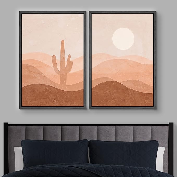 IDEA4WALL Framed Wall Art Print Set Cactus Shining Sun Desert Valley Landscape Wilderness Nature Illustrations Modern Art Boho Graphic Colorful Chic for Living Room, Bedroom, Office - 24"x36"x2 Black