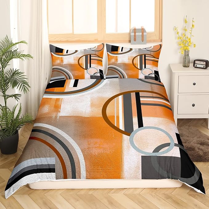 Burnt Orange Duvet Cover Full 3 Piece,Geometric Black Gray Bedding Set,Watercolor Ombre Oil Painting Comforter Cover,Contemporary Minimalist Artwork Quilt Cover,Soft Microfiber Bedspread Cover
