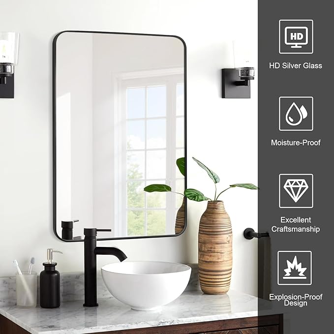Black Bathroom Mirror 20X30 Inch Rounded Rectangle Wall Mirror Stainless Steel Metal Frame Vanity Mirror Anti-Rust for Entryway, Bathroom, Vanity, Living Room Hangs Vertically or Horizontally