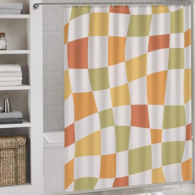 Checkered Shower Curtain for Bathroom, Retro 70s Funky Hippie Aesthetic Groovy Plaid Modern Checkboard Colorful Swirl Pastel Waterproof Fabric Shower Curtain Set with Hooks, 72"x78" Inch