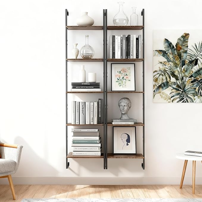 5 Tier Wall Mounted Bookshelf, 15.74" D x 9.44" W x 62.99" H, Narrow Ladder Bookcase with Metal Frame for Home Office, Living Room, Study, Industrial, Brown