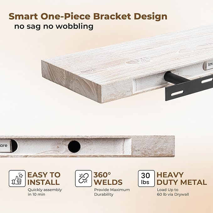 Axeman Floating Shelves for Wall, Rustic Elm Wood 48''W x 8" D Wall Shelf with Invisible Bracket, Large Long Wall Mounted Storage Shelves for Living Room, Bedroom, Kitchen, Bathroom Decor, White Wash