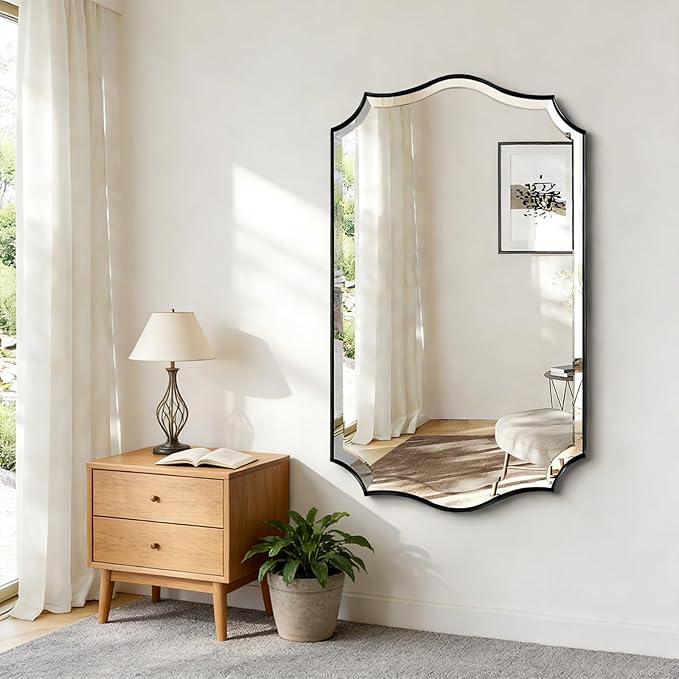 POZINO Rectangle Beveled Mirrors, 24"x40" Modern Vanity Mirror for Over Sink, Matte Black Scalloped Mirrors for Wall, Irregular Wavy Shaped Mirror for Bathroom Living Room Bedroom Fireplace Entryway