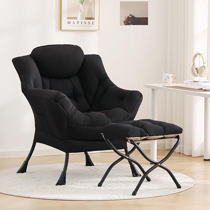 Tiita Lazy Chair with Ottoman, Black Modern Large Accent Chair, Comfy Leisure Sofa Armchair with Ottoman, Reading Chair with Footrest for Bedroom, Living Room, Dorm Rooms, Black