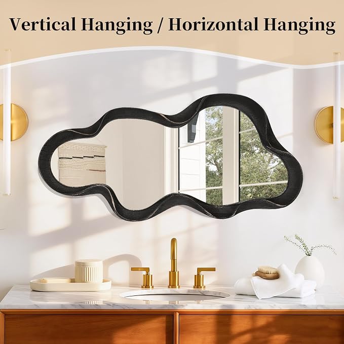 Large Asymmetrical Mirror Irregular Modern Cloud Wall Mirror Wood Frame Unique Artistic Wavy Mirror Wall Mounted Vanity Mirror Decorative for Living Room Bedroom Bathroom Entryway Hallway 30"x14"