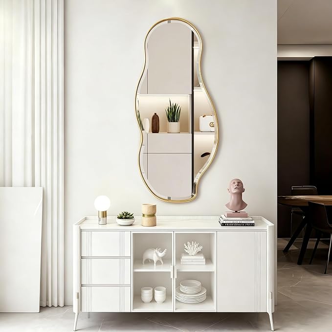 POZINO Irregular Beveled Mirror, 40"x18" Asymmetrical Vanity Wall Mirror with Gold Metal Frame, Organic Shape Mirrors for Bathroom Entryway Bedroom Hallway, Horizontal/Vertical Hanging
