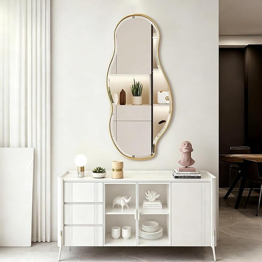 POZINO Irregular Beveled Mirror, 40"x18" Asymmetrical Vanity Wall Mirror with Gold Metal Frame, Organic Shape Mirrors for Bathroom Entryway Bedroom Hallway, Horizontal/Vertical Hanging