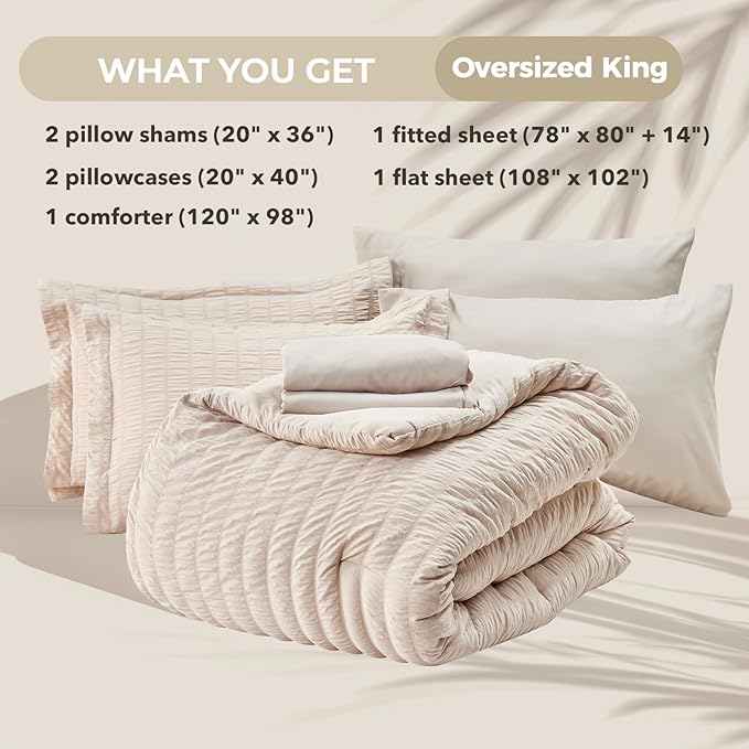 HYMOKEGE Beige Oversized King Comforter Set Seersucker 7 Pieces, All Season Luxury Bed in a Bag for Bedroom, Bedding Set with Comforter, Sheets, Pillowcases & Shams
