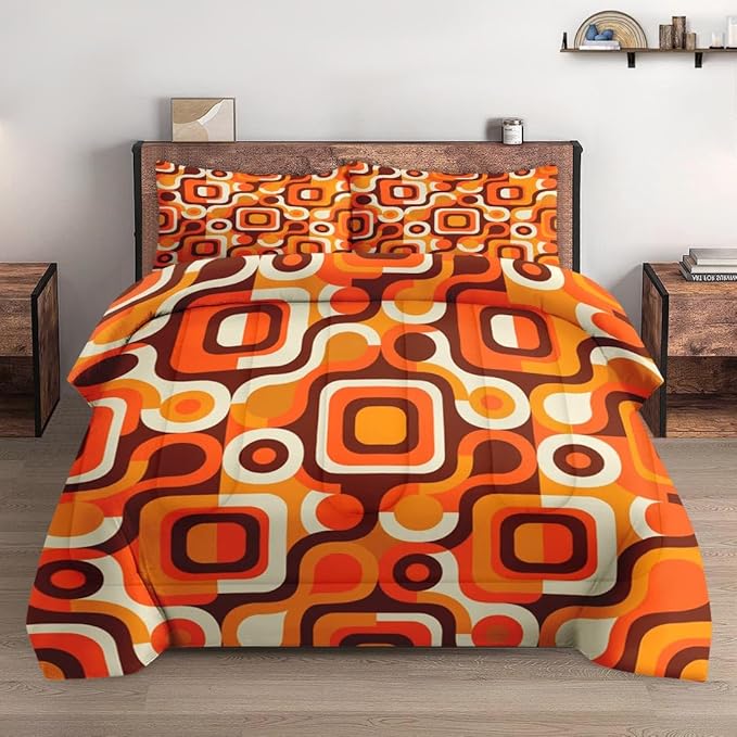 Pamnest Comforter Set King Size, 70S Retro Orange Soft Bedding for Kids and Adults, Abstract Brown Yellow Beige Comforter Set with 2 Pillowcases for Bedroom Bed Decor