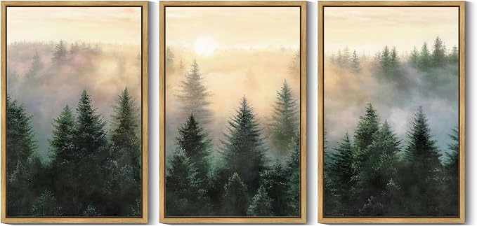KUVIOKE Sun Dawn Fog Pine Tree Framed Wall Art Morden Nature Nordic Forests Artwork Bedroom Decor 24x36in (Natural Framed)