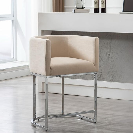 Contemporary Cream Linen Bar Stool, 24" Upholstered Fabric Counter Height Barstool Kitchen Counter Island Stool with Screwed Together Chrome Finish Base