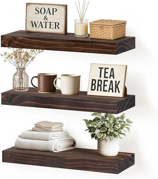 Floating Wall Shelf 16x6.8x1.7 Inch – Solid Wood Shelf in Walnut Finish – Wall Mounted Rustic Display Organizer for Bathroom, Kitchen, Bedroom, Small Spaces – Set of 3