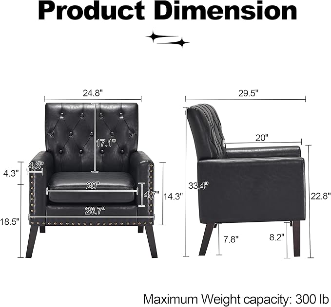 Mid Century Modern Accent Chair, Black Faux Leather Office Chair for Reception - Tufted Leather Club Chair for Living Room, Bedroom, or Waiting Room