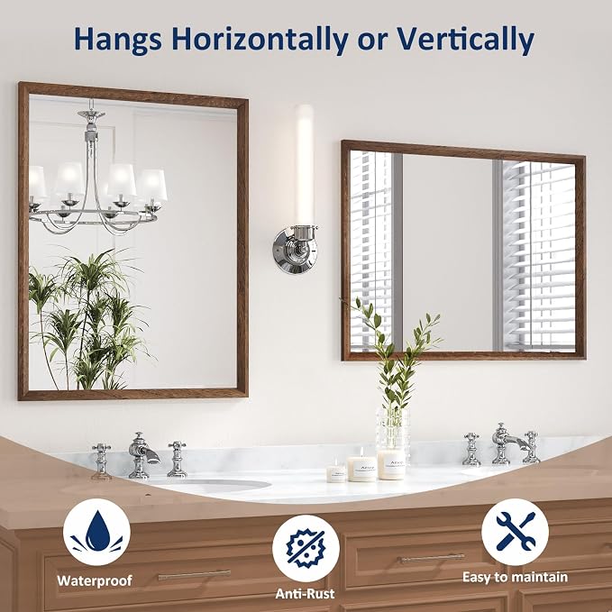 WEER Bathroom Mirror, 22x30 Inch Wall Mirror, Walnut Wood Grain Framed Mirror, Rectangle Vanity Mirror, Tempered Glass, Anti-Rust, Hangs Horizontally or Vertically