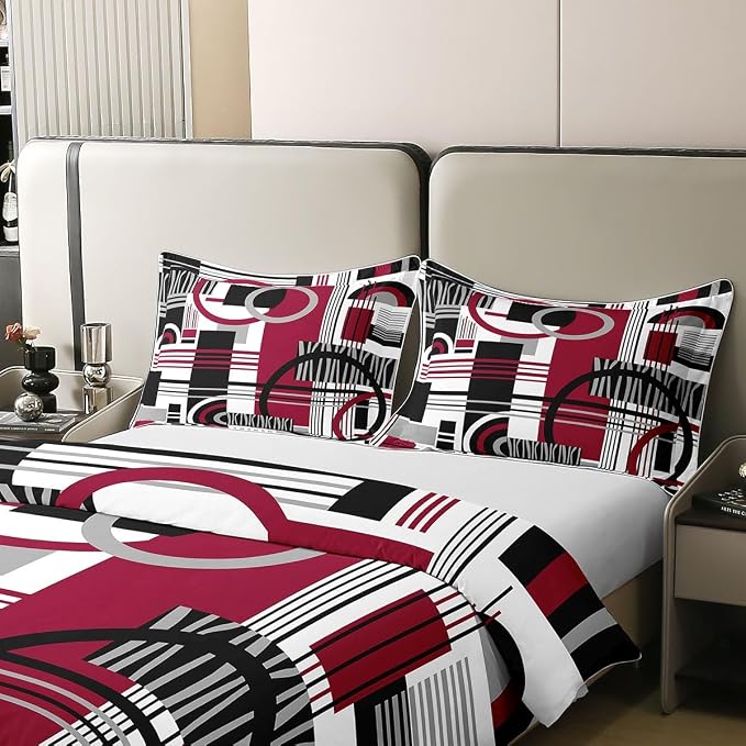 Erosebridal Art Deco Mid Century Duvet Cover Set Retro Modern Abstract Geometric 100% Cotton Comforter Cover Black and White Burgundy Circles Stripes Full Size Bedding Sets, Contemporary Bed Set