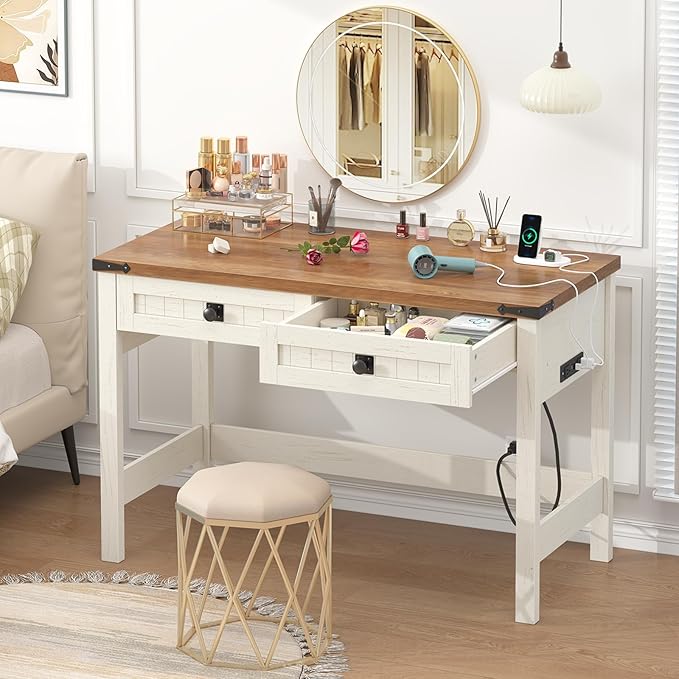 Farmhouse Computer Desk with 2 Drawers, 39 Inch Small Office Computer Desk with Power Outlets, Compact Writing Study Desk for Small Spaces, Antique White