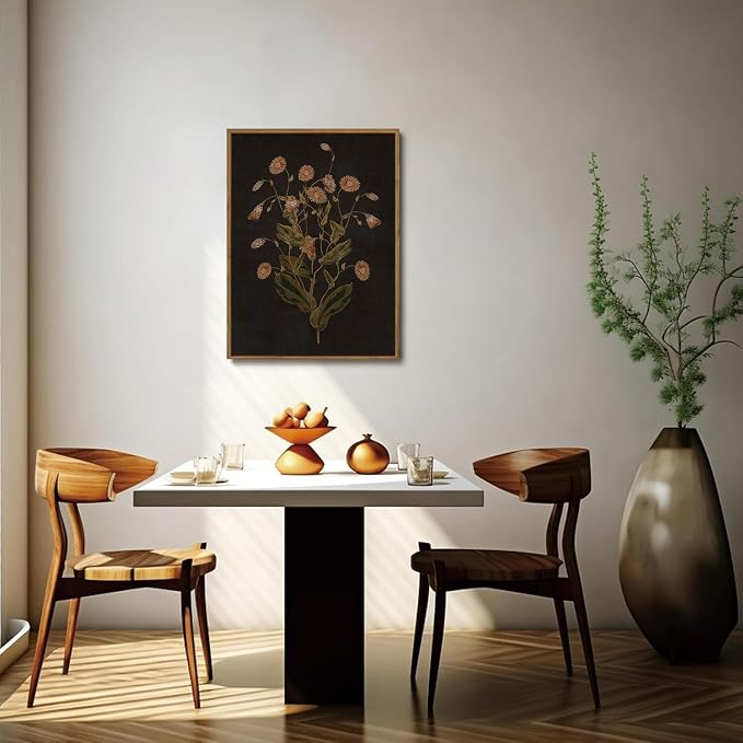 WALLZK Vintage Framed Wall Art Botanical Canvas Prints Painting Dark Moody Floral Wall Decor Retro Wildflower Pictures Artwork for Walls Living Room Bedroom Bathroom 16"x24"