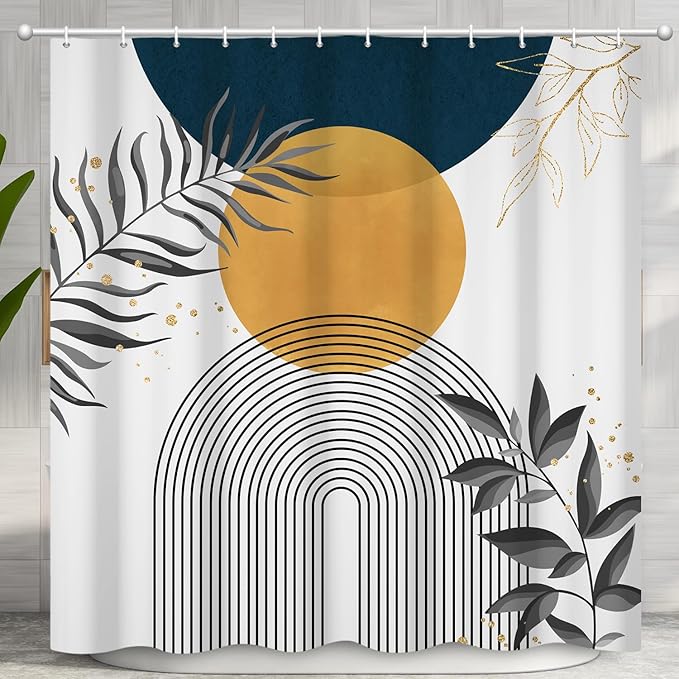 Boho Mid Century Shower Curtain, Orange Blue Modern Minimalist Abstract Geometric Gold Plant Leaves Arch Bathroom Curtains Waterproof Fabric Buthtub Curtain Set with Hooks 72" Wx72 L