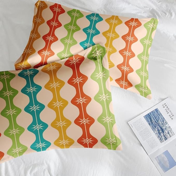 Pamnest Comforter Set Full Size, Mid Century Atomic Colorful Soft Bedding for Kids and Adults, Green Teal Orange Comforter Set with 2 Pillowcases for Bedroom Bed Decor