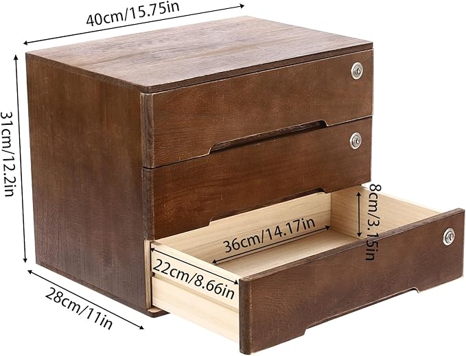 Desktop File Organizer with Lock, 2/3/4 Tier Multi-Drawer Wooden Storage Cabinet, Office Supply Organizer for Home Desk, Study & Workplace (Walnut, 3 Layers)