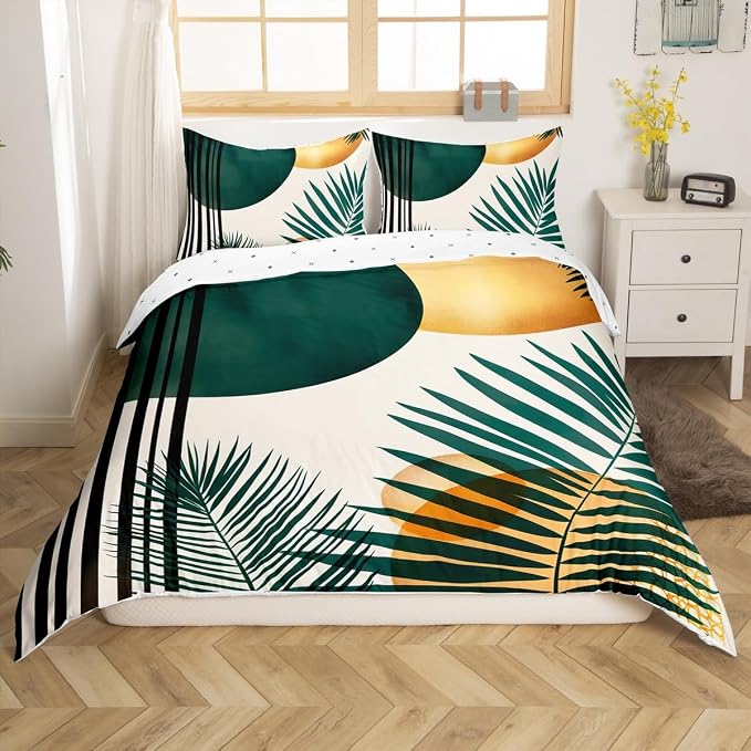 Feelyou Palm Leaf Duvet Cover Full Size Kids Modern Abstract Art Bedding Set Boys Girls Boho Bohemian Style Comforter Cover Set Exotic Floral Mid Century Geometric Bedspread Cover(No Comforter)