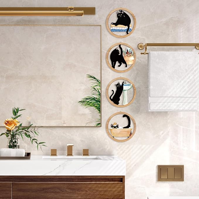 HPNIUB Funny Bathrooms Wall Decor, Black Cats In the Bath Wood Sign, 4 Pieces 10''x10'' Farmhouse Wooden Hanging Sign for Toilet Powder Room Restroom Wall Decoration, Lovely Cat Gifts