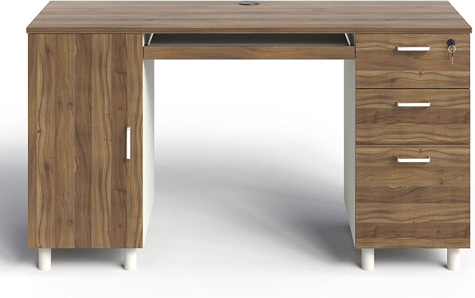 Modern Design Venice Computer Desk with Lockable Drawers, 53 Inch Home Office Desk with Storage Cabinet, Keyboard Tray & Cable Management, Modern Study Writing Desk for Small Spaces, Walnut and White