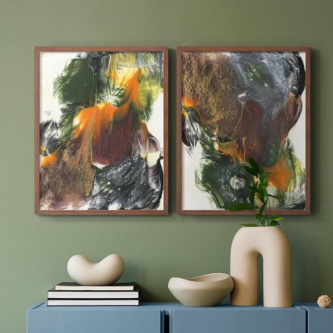 Renditions Gallery Set of 2 Peel & Stick Framed Prints, Watercolor Abstract Wall Art, Colorful Fluid Design Wall Decor, Re-Stickable - Ready to Hang - 8"x10" - Walnut Frame LT588