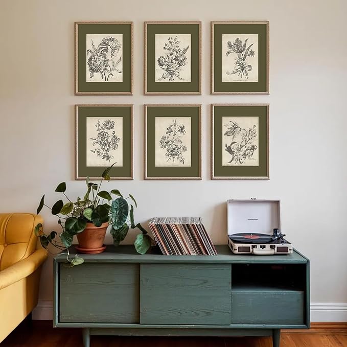 Vintage Floral Wall Art Sketch Flower Prints Antique Botanical Canvas Wall Art Decor Vintage Etchings Floral Poster Green Botanical Painting Sage Green Artwork for Bedroom 12x16x6 Inch Unframed