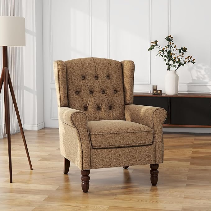 High Back Accent Chairs Set of 2, Fabric Upholstered Armchair Retro Wingback Arm Chair for Living Room, Comfy Single Sofa Bedroom Retro Reading Seat with Solid Wood Legs - Brown