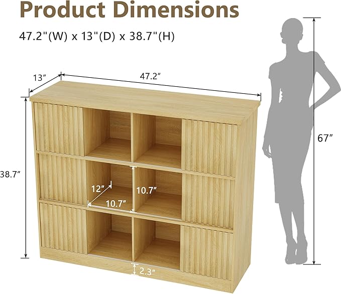 Einhomn 12 Cube Storage Organizer with Sliding Doors, Modern Fluted Bookshelf with Storage Cabinet, Wooden Bookcase with 6 Open Shelves for Living Room, Home Office, Bedroom, Natural
