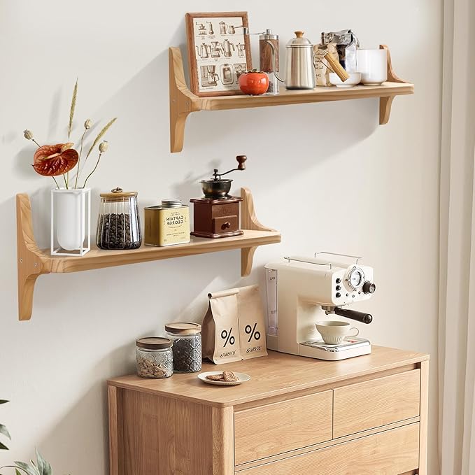 Wooden Floating Shelves for Wall, 23.6" W x 6" D x 0.8" H Large Wall Shelves, Hanging Storage Shelf with Sturdy Brackets for Living Room, Kitchen, Bathroom, Bedroom Decor, Natural, 2 Packs