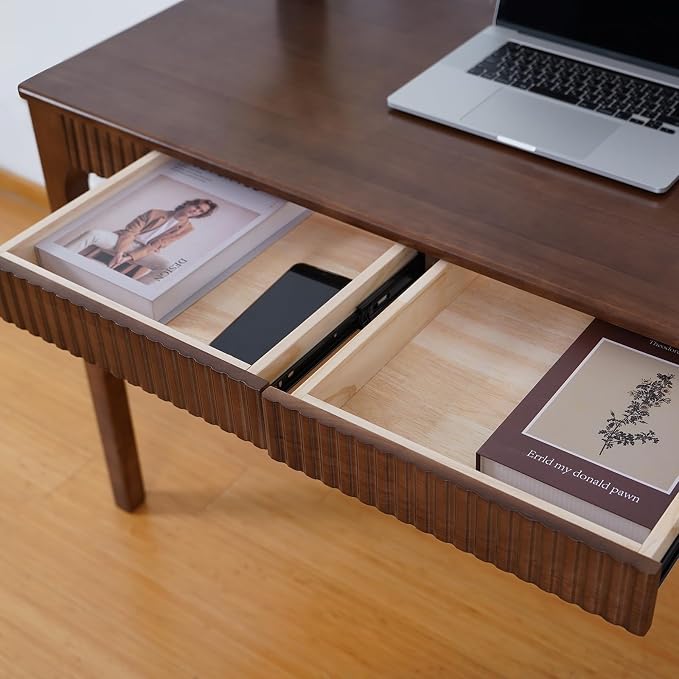 Solid Wood Desk with Drawer, Small Writing Desk for Small Spaces,Gaming Study Home Office Workbench woodenDesks for Work, 47 inch Wooden Computer Desk for Bedroom Walnut Color
