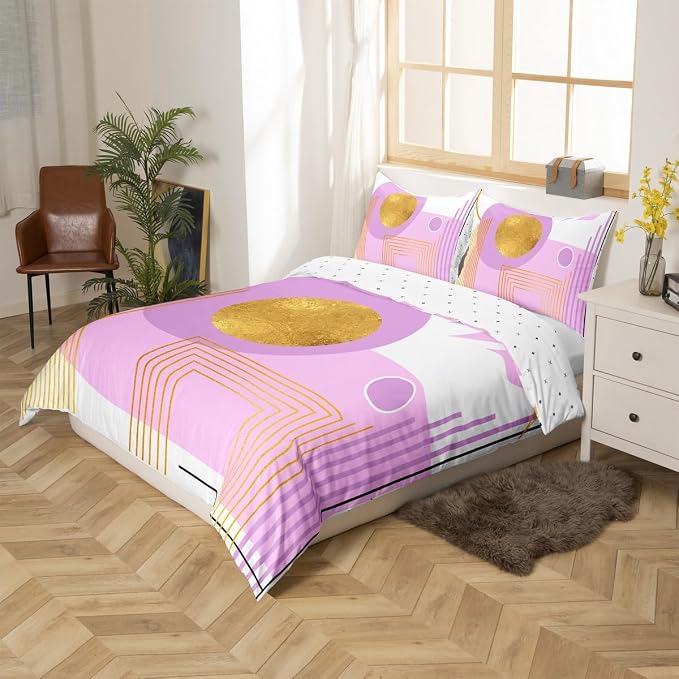 Erosebridal Purple and White Abstract Boho Queen Comforter Cover Minimalist Aesthetic Neutral Duvet Cover Mid Century Modern Bed Set Botanical Leaves Geometric Bedding Set