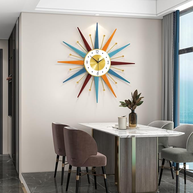 Large Starburst Wall Clock for Living Room Decor 24 Inch Metal Decorative Mid Century Wall Clcok Big Modern Silent Quality Quartz Clock Battery Operated Non Ticking for Kitchen Office Bedroom